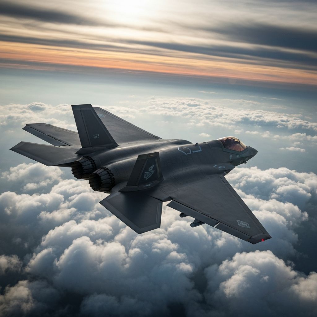 Fighter jet flying above clouds